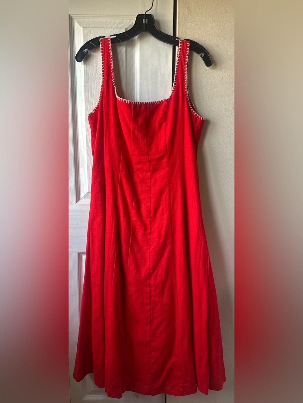 Caroline Constas Whipstitch Trim A-Line Linen Blend Midi Dress Cherry Red  SZ 10